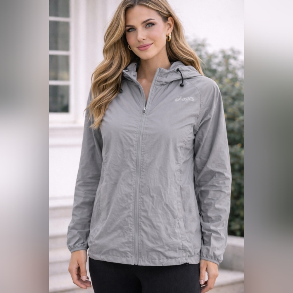 ASICS Lightweight Gray Hooded Windbreaker Jacket Size S Running Layer